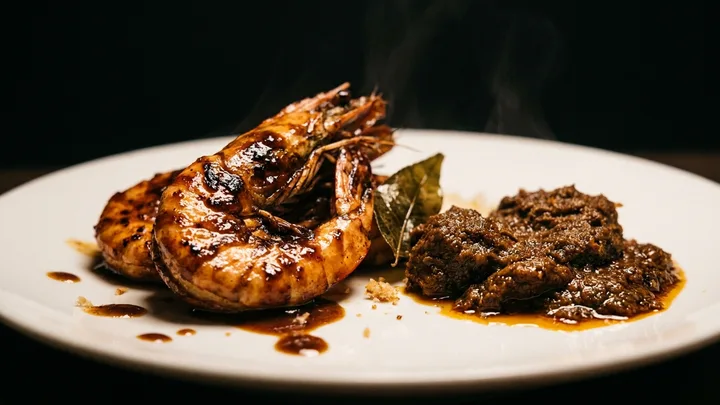 Imej ilustrasi dijana AI — dua ekor udang bersalut kuah asam gelap berkilat di sebelah sesudu rendang daging pekat, di atas pinggan putih