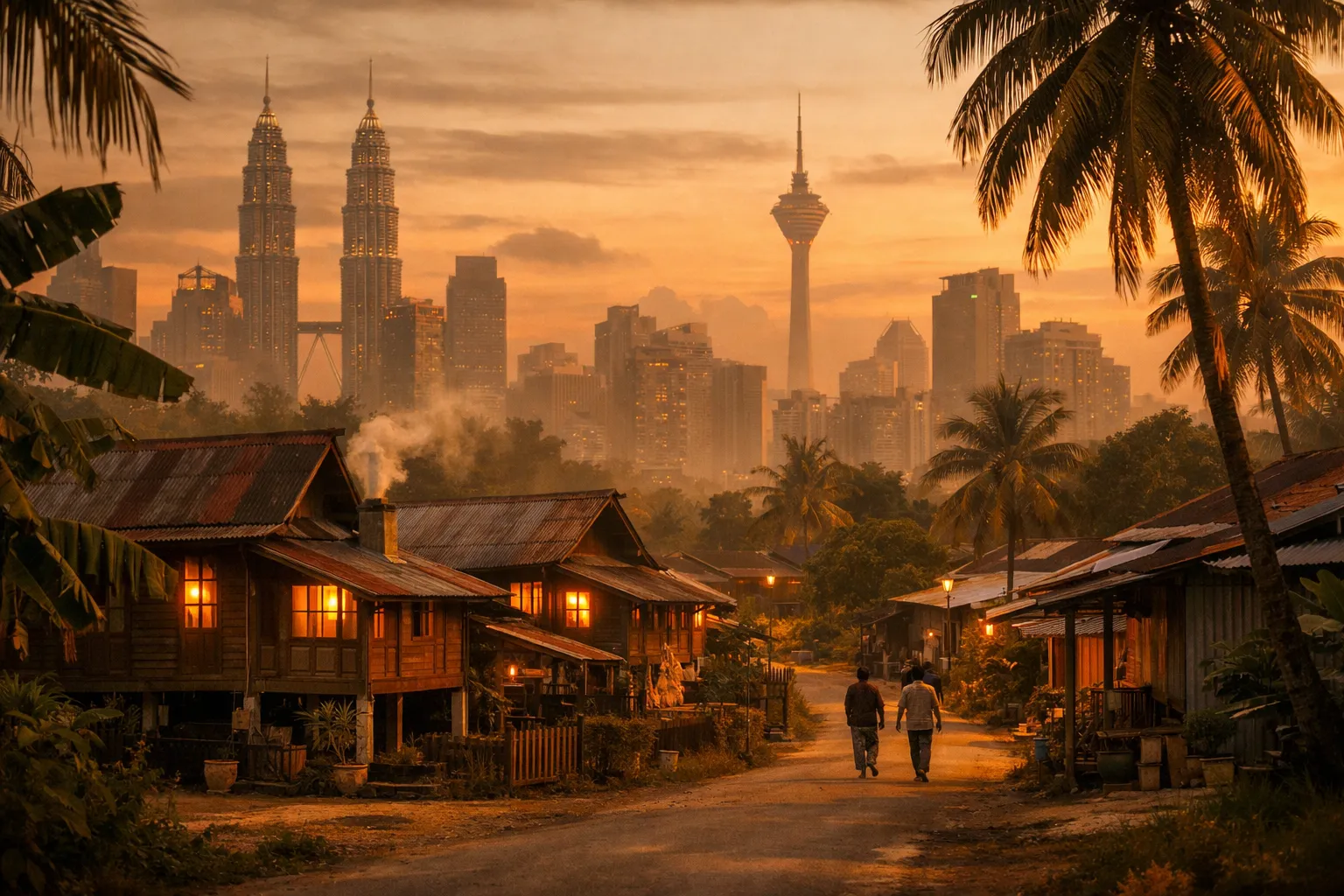 Ilustrasi dijana AI: suasana senja perkampungan Melayu dengan latar skyline Kuala Lumpur
