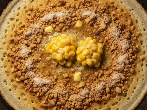 Gula, kacang tanah tumbuk, jagung krim dan mentega ditabur ke atas apam balik berliang dalam kuali