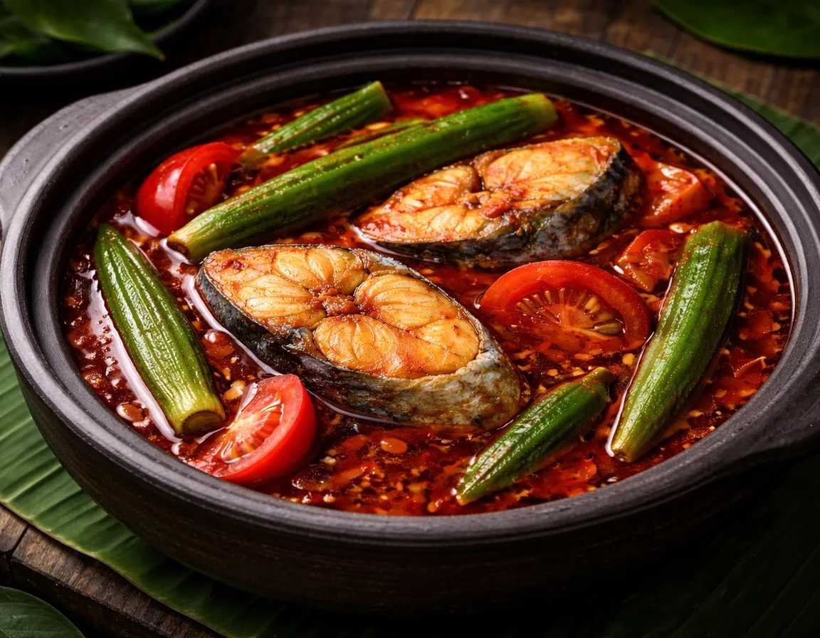 Asam Pedas Ikan Malaysia kuah merah tua pekat berkilat dengan ikan tenggiri, bendi hijau, tomato merah dan daun kesum dalam periuk tanah