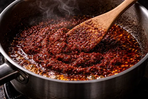 Rempah paste asam pedas berwarna merah-oren tua ditumis dalam periuk, minyak merah-oren mula naik ke permukaan sebagai tanda pecah minyak yang sempurna