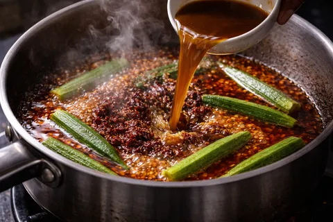 Air asam jawa coklat pekat dituang ke dalam periuk rempah yang telah pecah minyak, bendi hijau dimasukkan ke dalam kuah merah yang mula mendidih