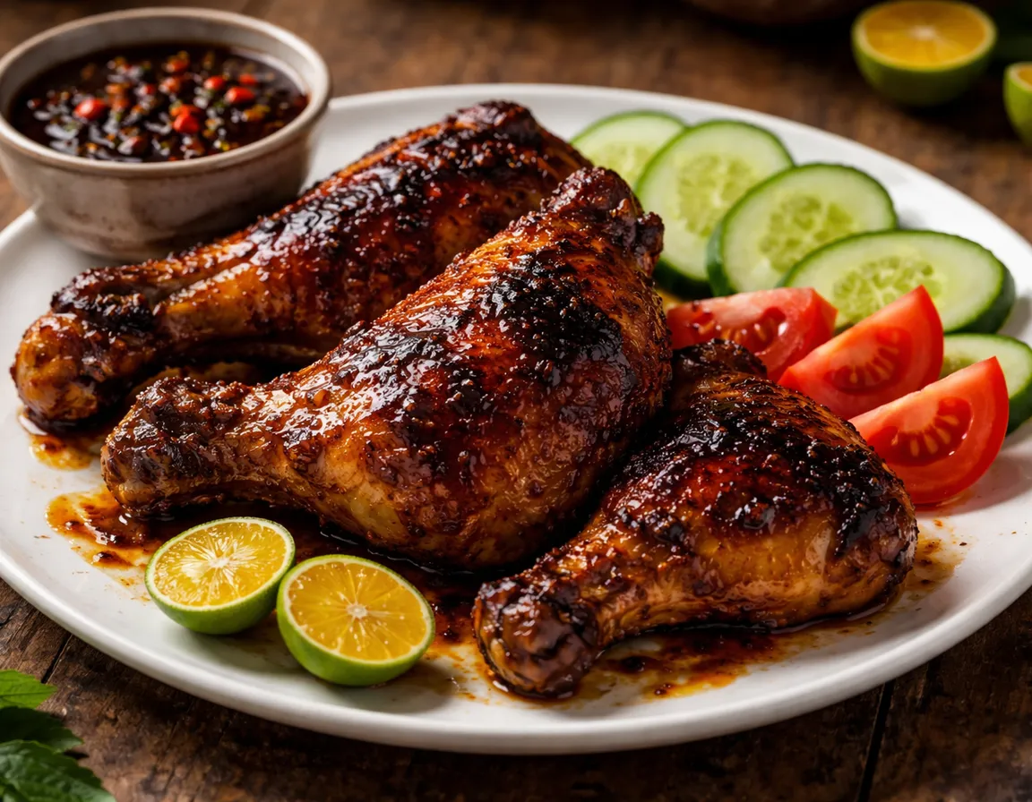Ayam Bakar Malaysia kulit perang keemasan berkilat dengan char marks, dihidang dengan sambal kicap dan hirisan timun