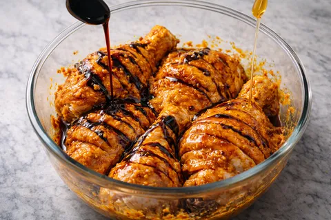 Potongan ayam dilumur dengan paste perapan kuning-oren bersama kicap manis dan madu, tersusun dalam bekas perap