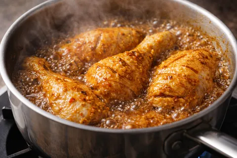 Potongan ayam direbus dalam kuali dengan bahan perapan dan sedikit air sehingga separuh masak, kuah mula mengental