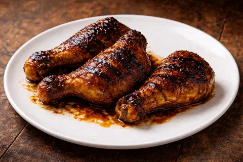 Ayam Bakar Malaysia siap dihidang di atas pinggan — kulit perang gelap berkilat dengan char marks, bersama sambal kicap, hirisan timun, tomato dan limau kasturi