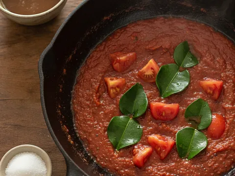 Tomato dadu, air asam jawa dan daun limau purut dimasukkan ke dalam sambal lado merah yang sedang mendidih