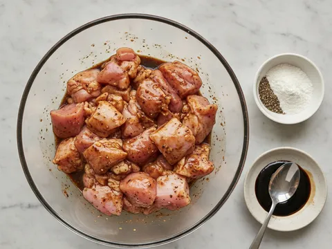 Ketulan isi peha ayam digaul dengan sos tiram, kicap manis dan tepung jagung dalam mangkuk kaca