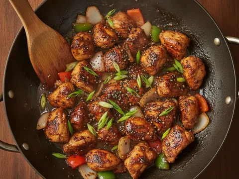 Ayam black pepper siap disaluti sos pekat berkilat dan ditabur daun bawang dalam kuali