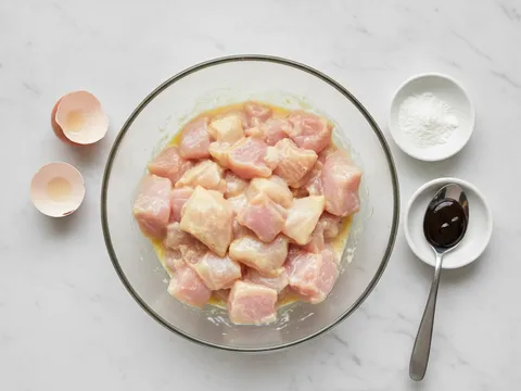 Kiub isi paha ayam diperap dengan telur, sos tiram dan lada putih dalam mangkuk kaca