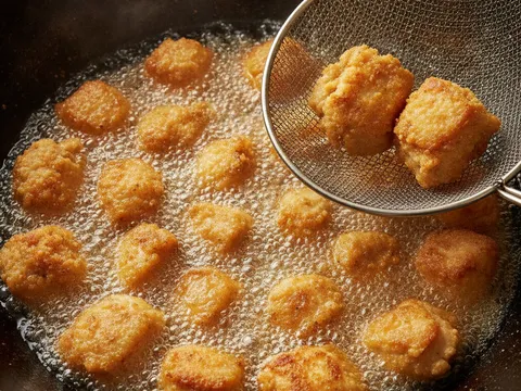 Kiub ayam bersalut tepung digoreng keemasan dalam minyak panas yang berbuih