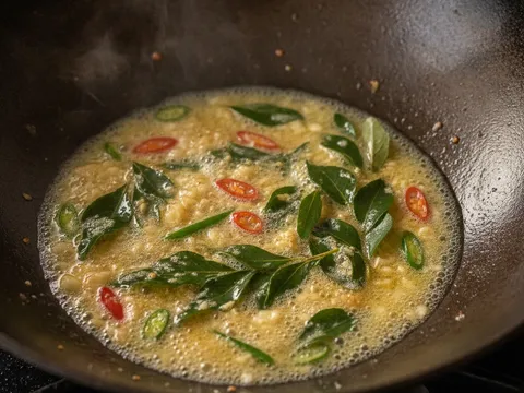 Butter cair dalam kuali dengan bawang putih cincang, daun kari dan hirisan cili padi sedang ditumis
