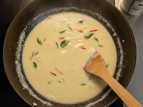 Sos buttermilk putih berkrim direneh perlahan dalam kuali dengan daun kari dan cili padi terapung