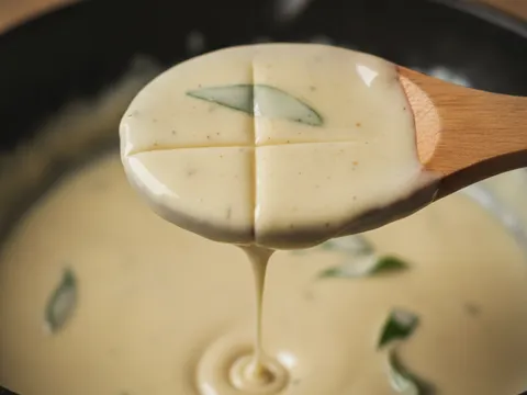 Sos buttermilk pekat berkrim melitupi belakang sudu kayu, tekstur licin tanpa ketulan