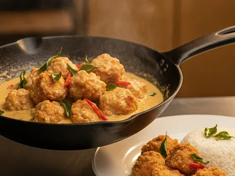 Ayam buttermilk siap dihidang dalam pinggan putih, kiub ayam rangup bersalut sos berkrim dengan daun kari