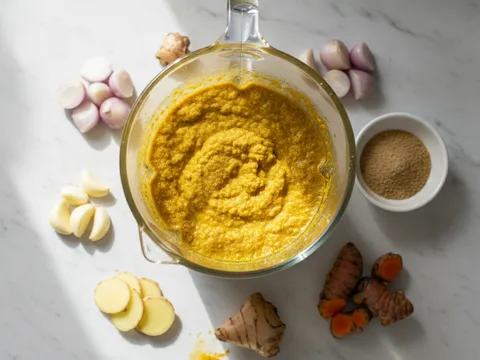 Pes rempah kuning dari bawang merah, bawang putih, halia, lengkuas dan kunyit dikisar halus dalam blender