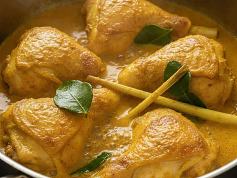Ketul ayam diungkep dalam kuah rempah kuning pekat bersama serai dan daun limau purut dalam periuk