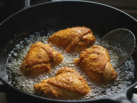 Ketul ayam berempah digoreng dalam minyak panas sehingga keemasan dan garing di dalam kuali