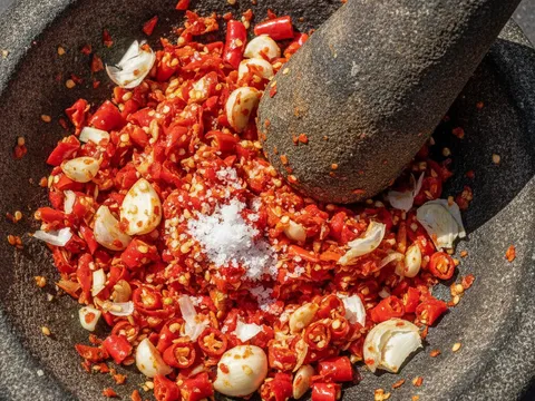 Cili padi dan bawang putih ditumbuk kasar dalam lesung batu menjadi sambal mentah berwarna merah terang