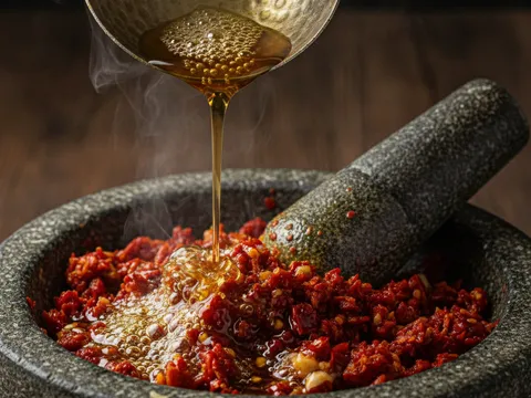 Minyak panas disiram ke atas sambal cili padi dalam lesung batu, minyak berdesir dan berbuih di permukaan sambal