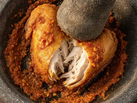 Ketul ayam goreng dilenyek dengan anak lesung di atas sambal cili dalam cobek batu sehingga isi merekah