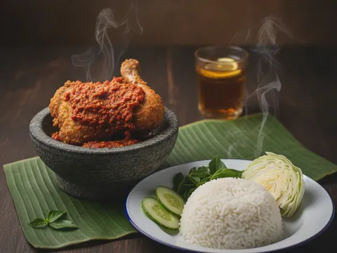 Hidangan lengkap ayam gepuk dalam cobek batu bersama nasi putih, timun dan kobis di atas meja kayu