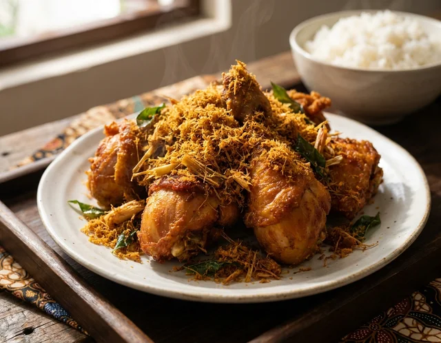 Ayam Goreng Berempah rangup keemasan dengan serdak bertali melimpah