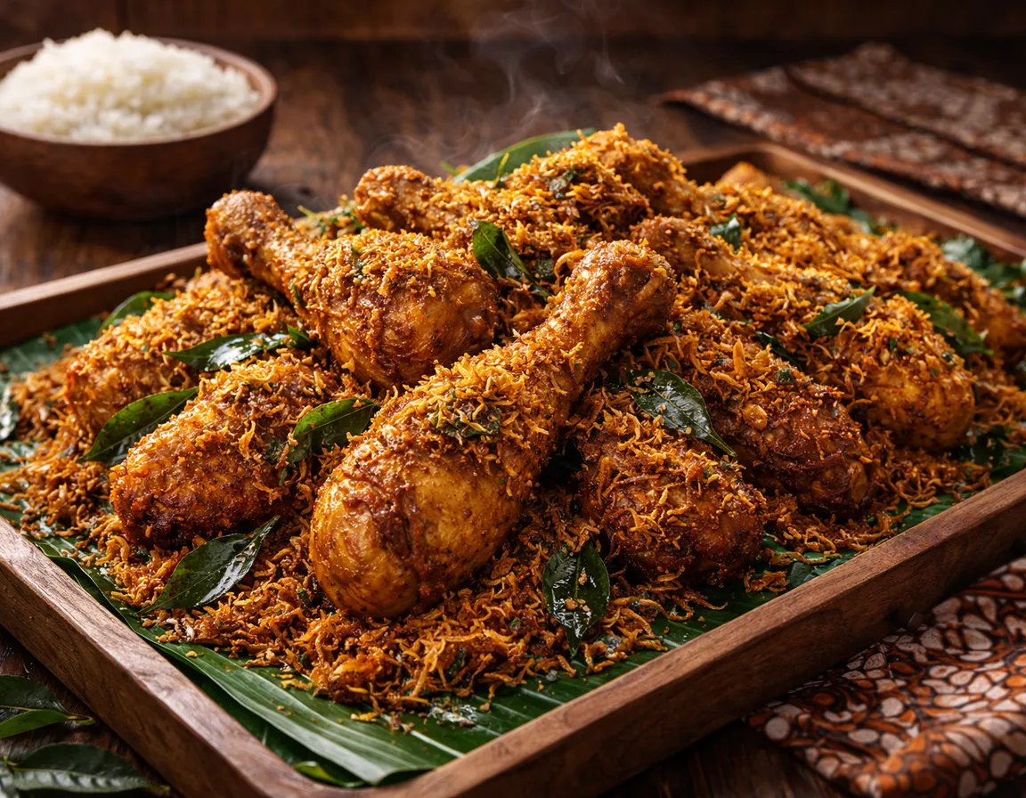 Ayam Goreng Berempah rangup keemasan dengan serdak bertali melimpah