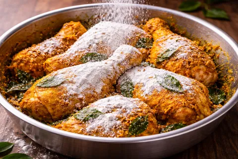 Tepung jagung ditaburkan ke atas ayam yang telah dimarinatekan