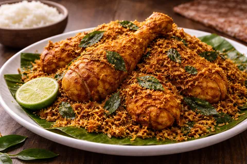 Ayam Goreng Berempah dihidangkan dengan serdak bertali rangup melimpah