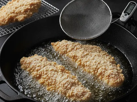 Kepingan ayam bersalut tepung berkerak digoreng tenggelam dalam minyak panas berbuih sehingga keemasan