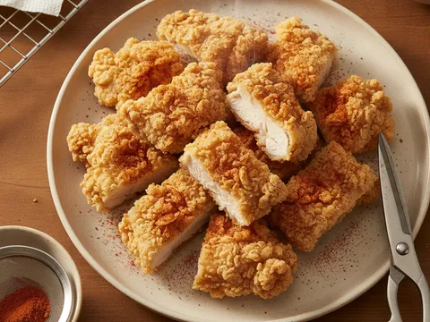 Ayam goreng rangup digunting kepada kepingan kecil dengan gunting dapur lalu ditabur serbuk perisa merah