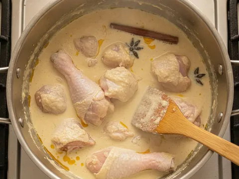 Ketul ayam digaul dengan pes rempah kurma putih pekat dalam periuk sehingga rata bersalut