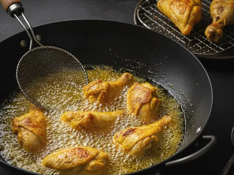 Potongan ayam berkunyit digoreng dalam minyak panas sehingga permukaannya baru keperangan
