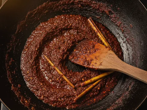 Sambal kisar ditumis dalam kuali sehingga berwarna maroon pekat dan minyak memisah ke tepi
