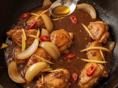 Bawang besar wedges dan cili merah dimasukkan ke dalam ayam masak halia berkuah pekat