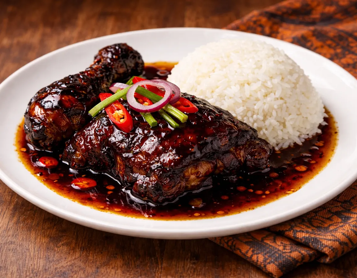 Ayam Masak Kicap Malaysia — kuah coklat pekat berkilat dengan ayam empuk, bawang ring dan cili merah