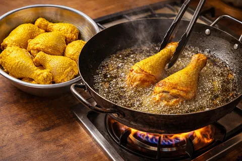 Ayam perap kunyit digoreng dalam minyak panas sehingga kekuningan separuh masak