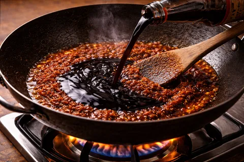 Kicap lemak manis, sos tiram dan gula perang dimasukkan ke dalam tumisan dan dikacau rata