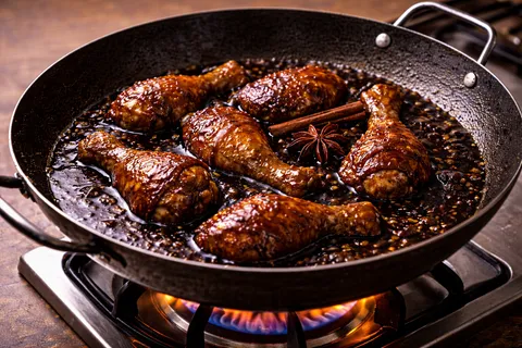 Ayam masak kicap dalam periuk dengan kuah coklat pekat berkilat sedang memasak atas api sederhana