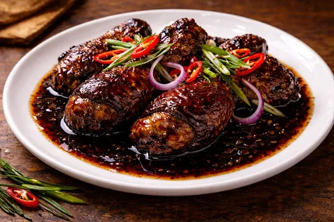 Ayam masak kicap siap dihidang dalam pinggan dengan kuah coklat berkilat, bawang ring dan cili merah segar