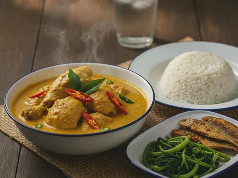 Hidangan ayam masak lemak cili api dalam mangkuk bersama nasi putih dan ulam di atas meja kayu