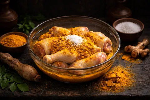 Ayam diperap dengan kunyit dan garam dalam mangkuk