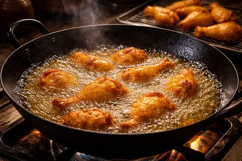 Ayam digoreng keemasan dalam kuali