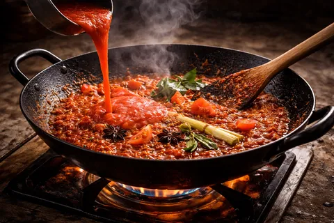 Kuah merah dengan sos dan tomato dalam kuali