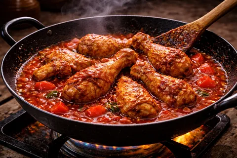 Ayam dimasak dalam kuah merah yang pekat