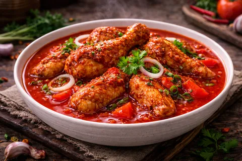 Ayam Masak Merah siap dihidangkan dengan hiasan cantik