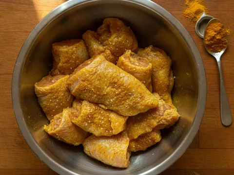 Ketulan ayam dilumur serbuk kunyit dan garam sehingga kekuningan rata dalam mangkuk