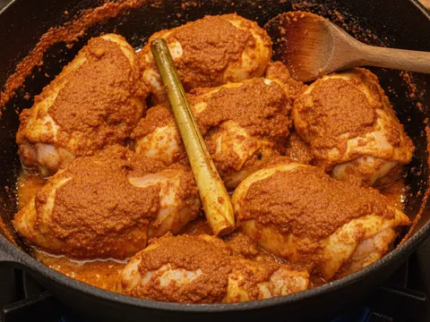 Ketulan ayam digaul dalam pes rempah pekat di dalam periuk sehingga bersalut rata dan bertukar warna