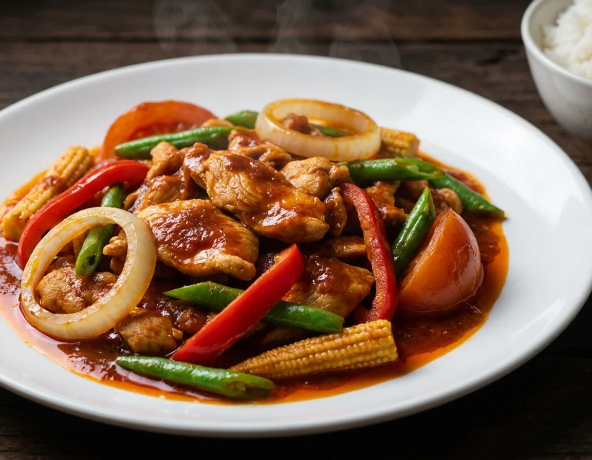 Ayam paprik ala Thai berkuah pekat merah dengan cili benggala, kacang buncis dan jagung muda dalam pinggan putih
